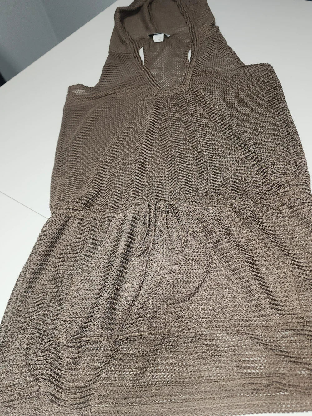 Sleeveless Mesh Brown Knit Hooded Swimwear Cover-up